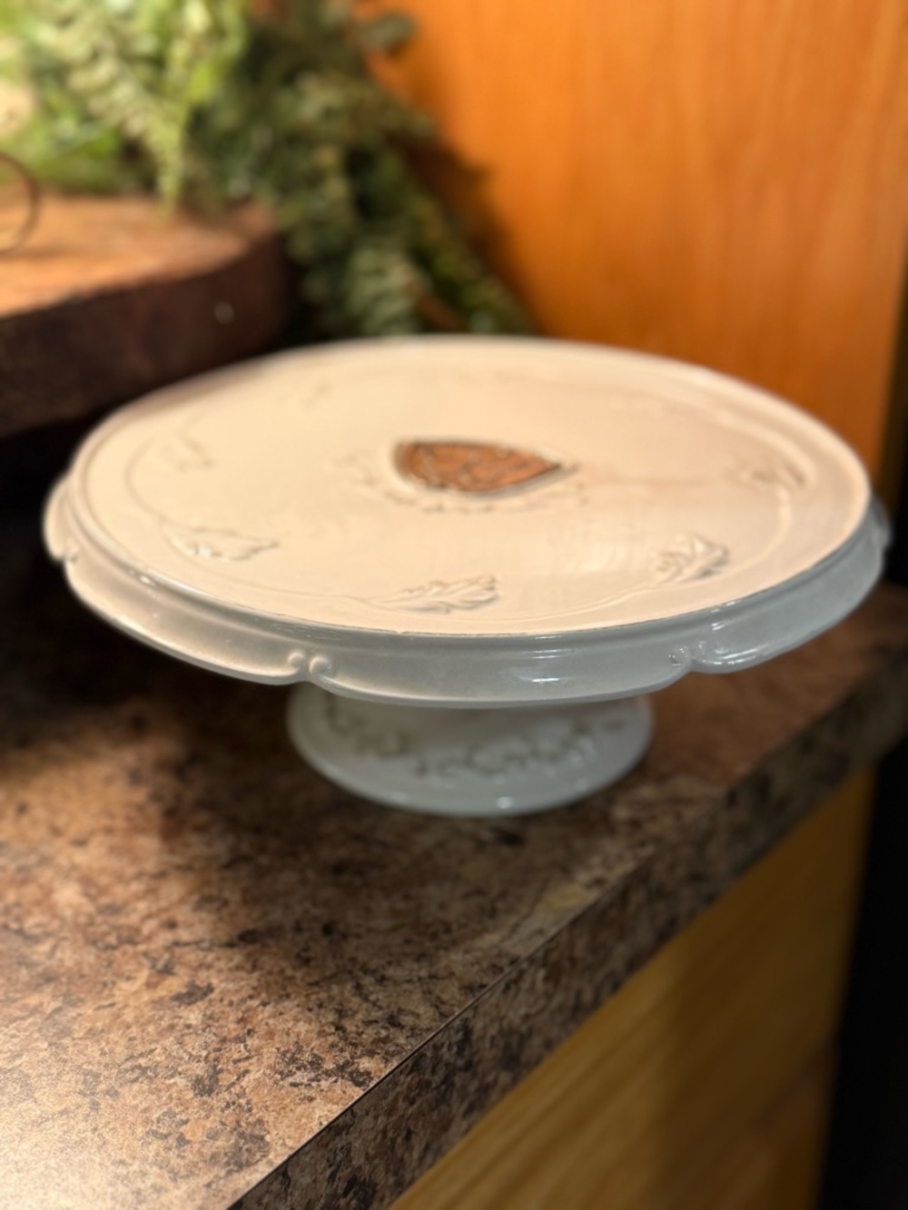 White Ceramic Pedestal Cake Stand with Embossed Detail